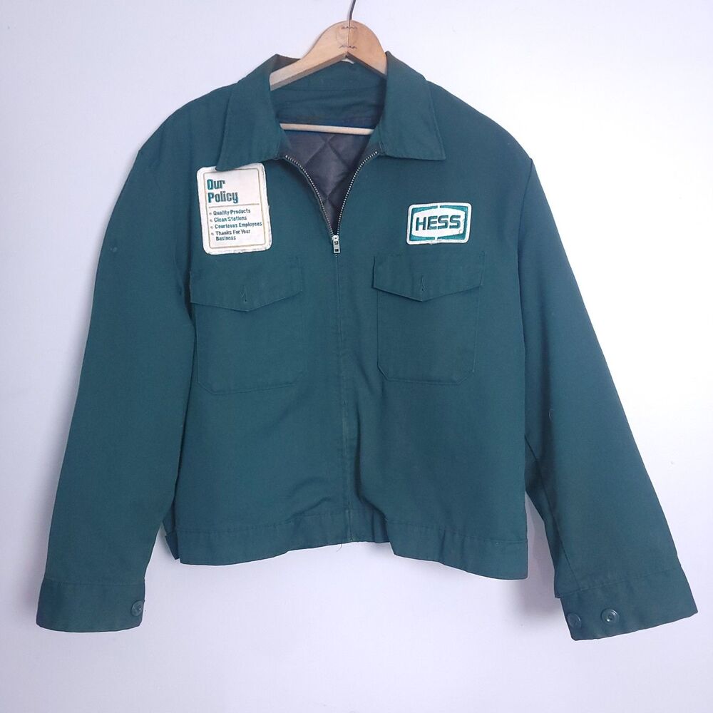 Vintage Hess Green Employee Work Jacket Gas Oil Station Size 46R Made In USA